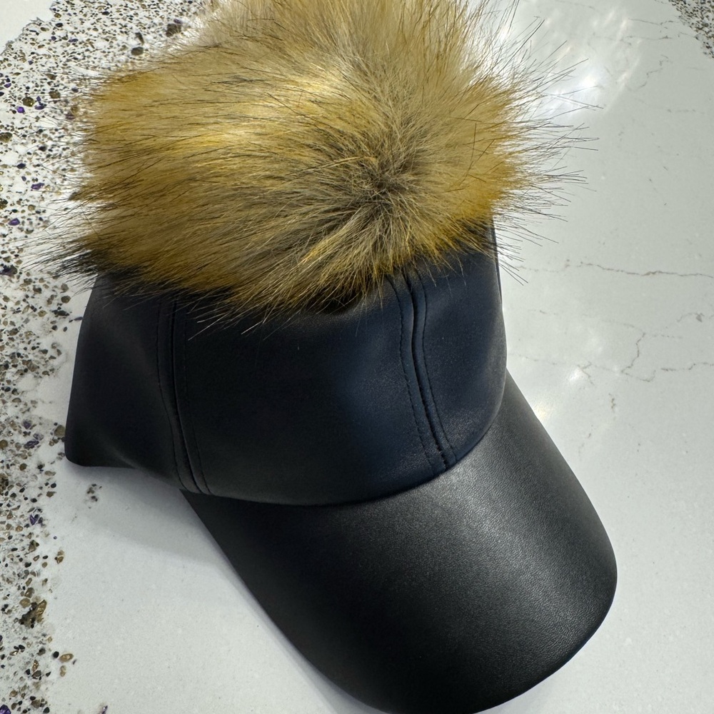 Black Leather Cap with Faux Fur Pom